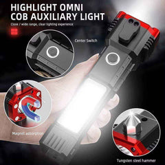 High-Power LED Torch Light – Rechargeable Flashlight with Tactical Hammer & Power Bank With Box, Random color